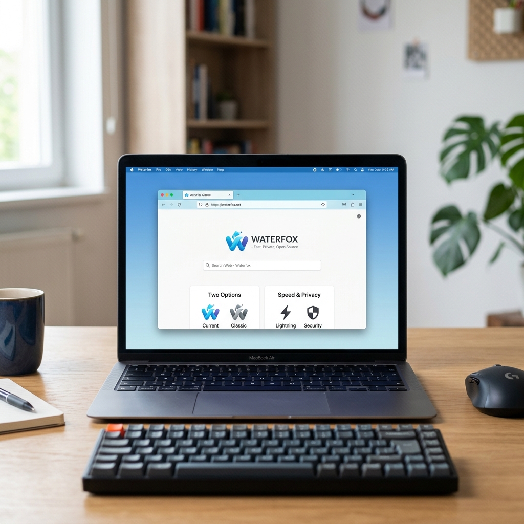 MacBook Air zeigt die Waterfox-Webseite auf einem Holztisch.