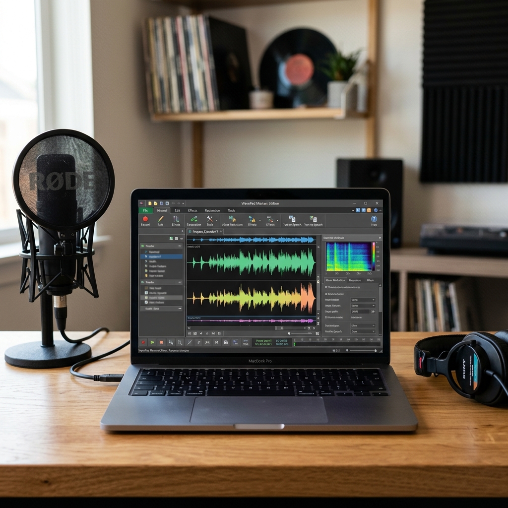 Laptop mit Audio-Bearbeitungssoftware und Mikrofon