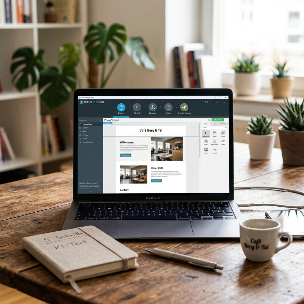 Laptop zeigt Webseite für Café Berg & Tal an, Notizbuch und Tasse im Vordergrund.