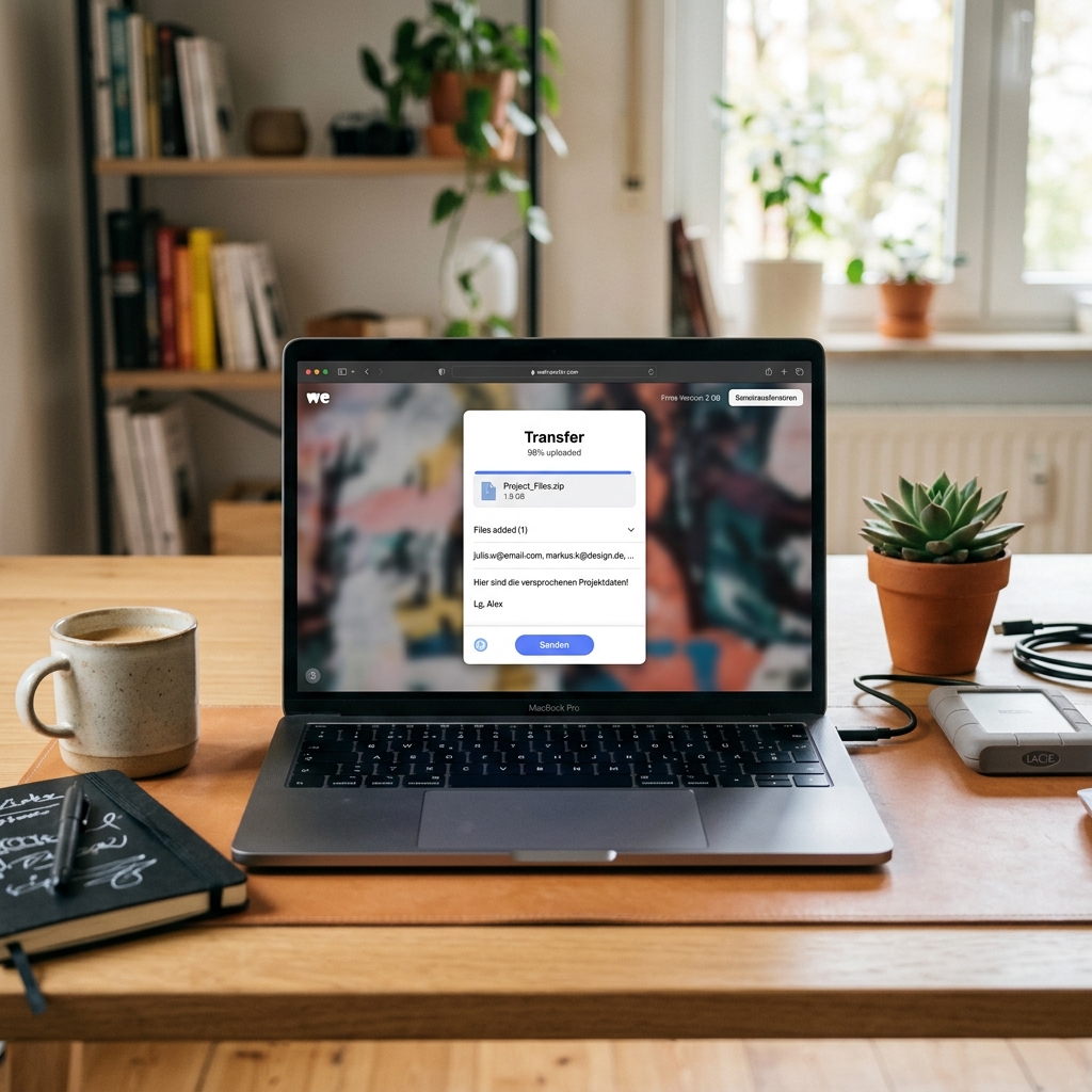 Laptop zeigt Dateiübertragung auf einem Holzleitetisch mit Pflanzen und Tasse.