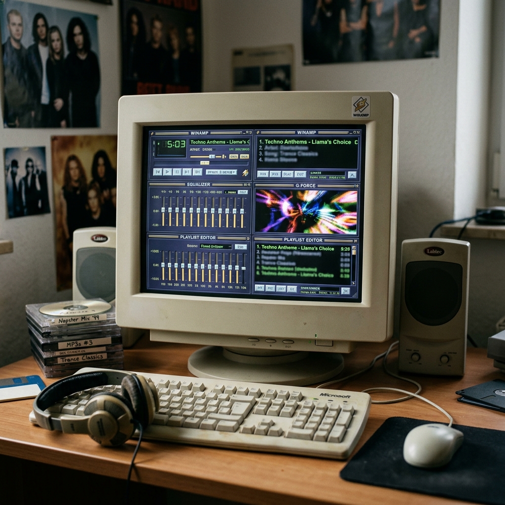Ein alter Computer mit Winamp-Software auf dem Bildschirm und Musik-CDs auf dem Tisch.