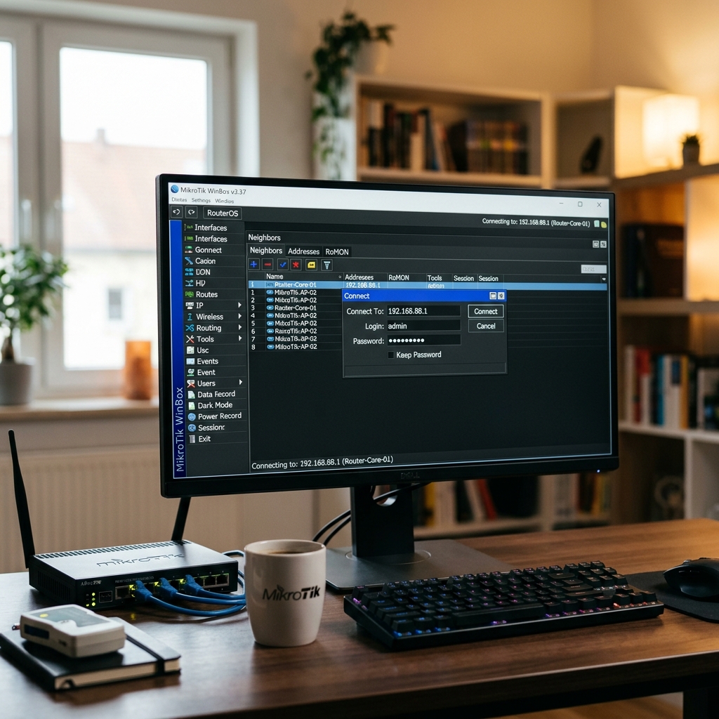 Mikrotik WinBox Benutzeroberfläche auf einem Computerbildschirm