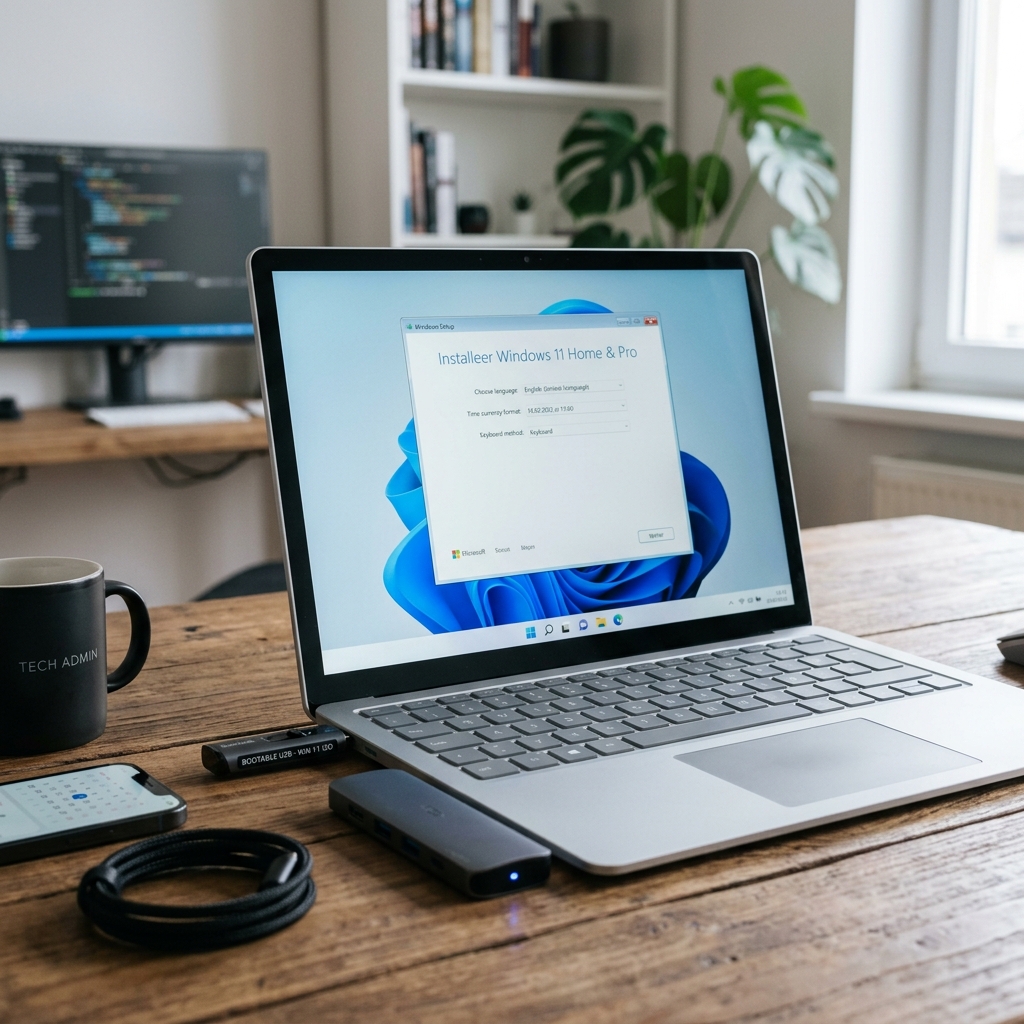 Laptop zeigt Windows 11 Installer auf dem Bildschirm