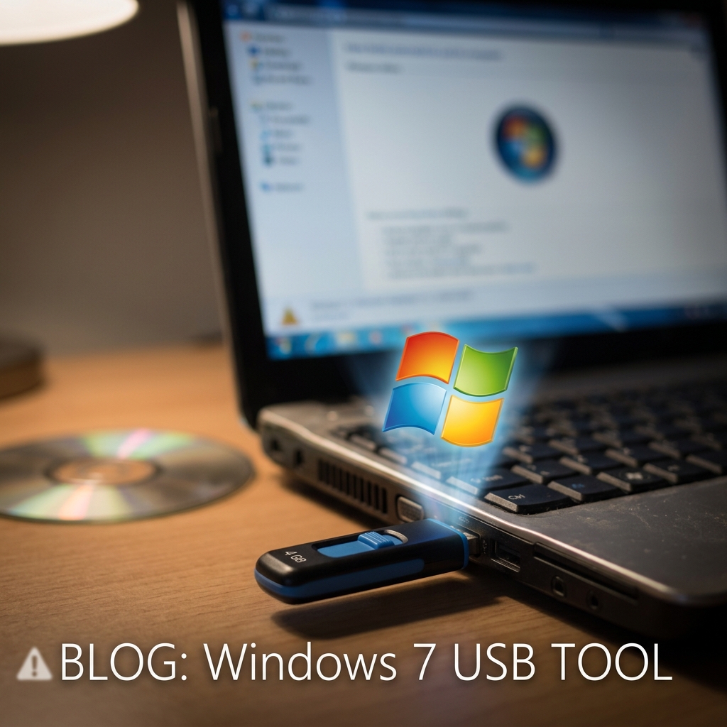 USB-Stick in Laptop, Windows-Logo sichtbar, CD im Hintergrund.
