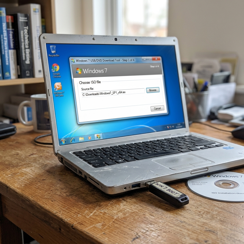 Laptop displaying Windows 7 download interface with USB drive and DVD