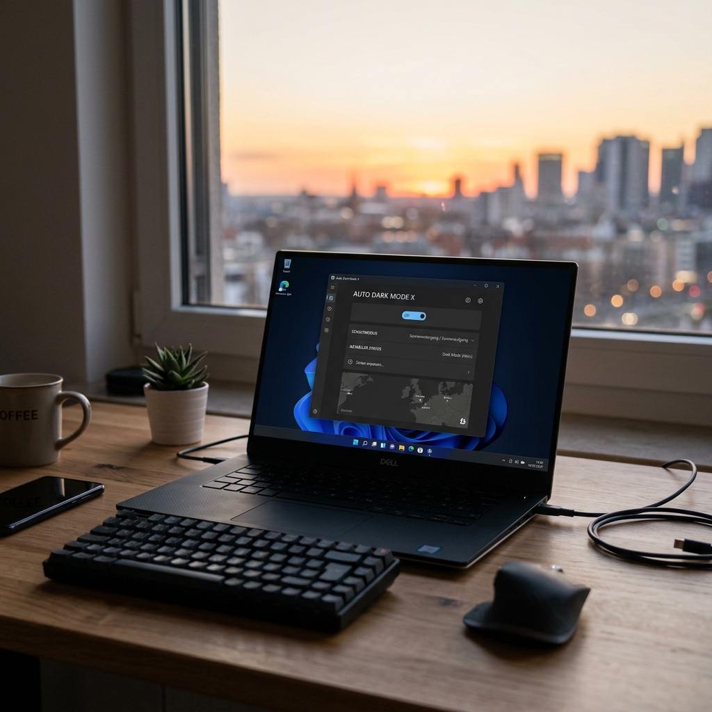 Laptop auf einem Schreibtisch mit Stadtansicht im Hintergrund