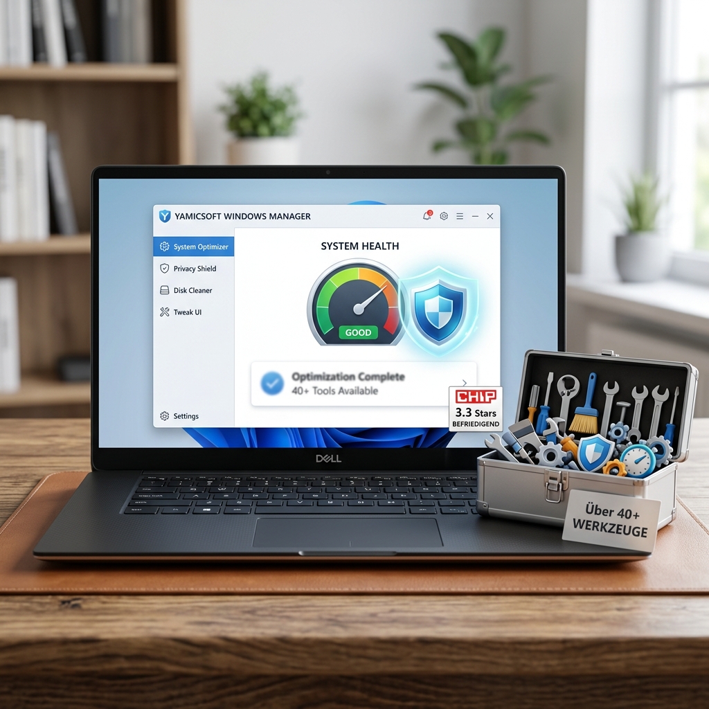 Dell Laptop zeigt Yamicsoft Windows Manager mit System Health Screen