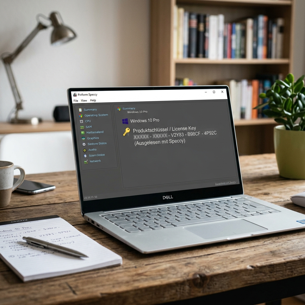 Dell Laptop zeigt Windows 10 Pro Lizenzinformationen.