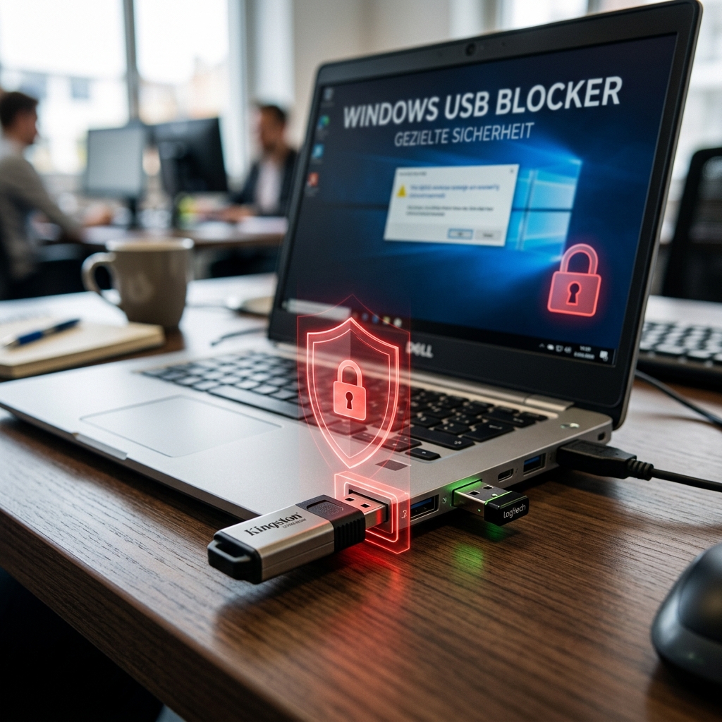Laptop mit Windows USB Blocker und USB-Sticks