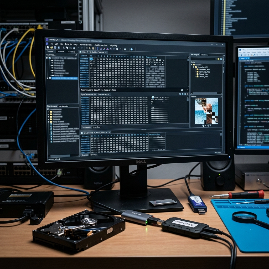 Bildschirm mit WinHex Software zur Datenanalyse