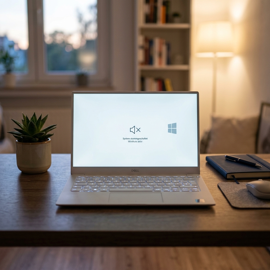 Ein Laptop auf einem Tisch in einem modernen Raum mit Pflanzen und Bücherregal.