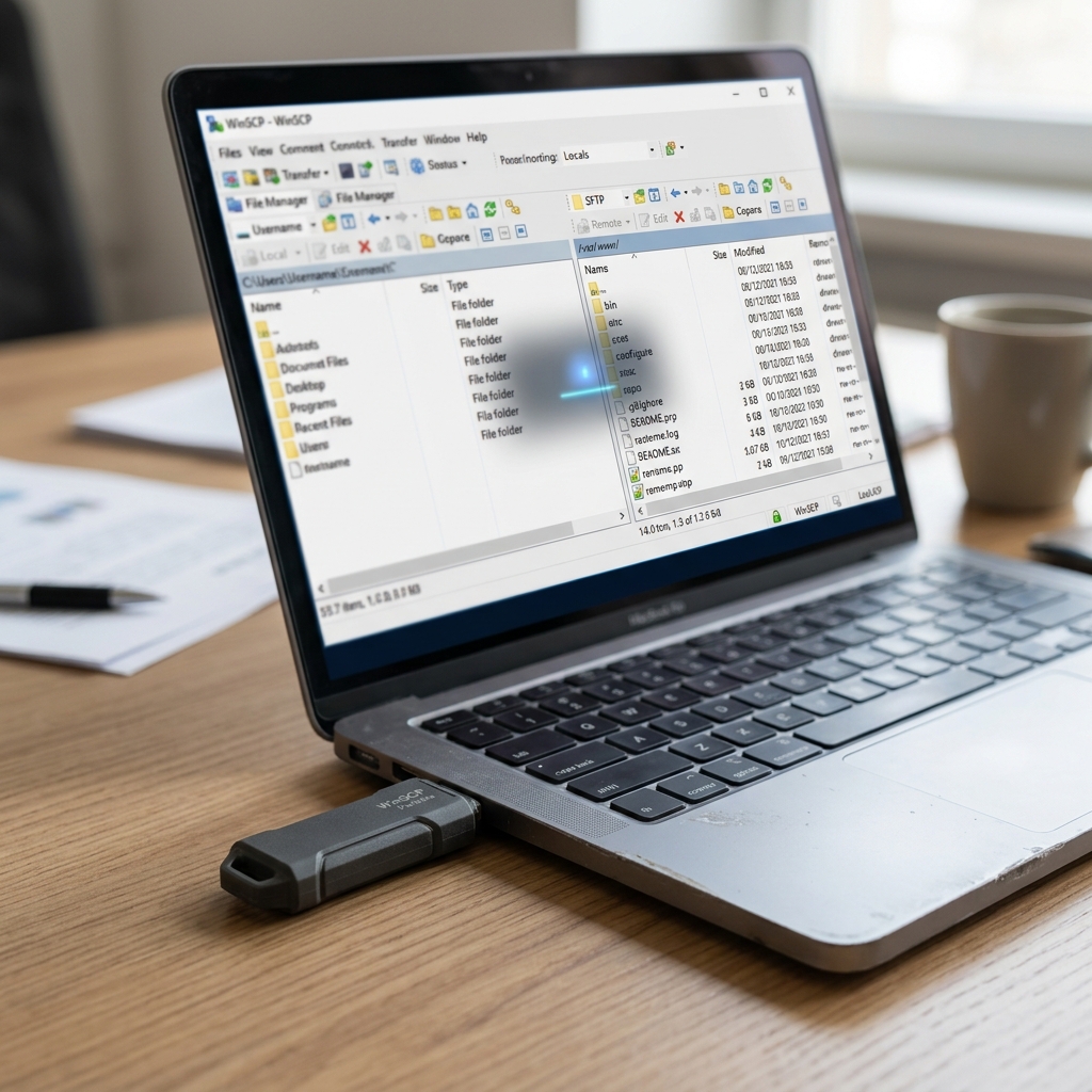 Laptop zeigt Datei-Explorer mit USB-Stick angeschlossen