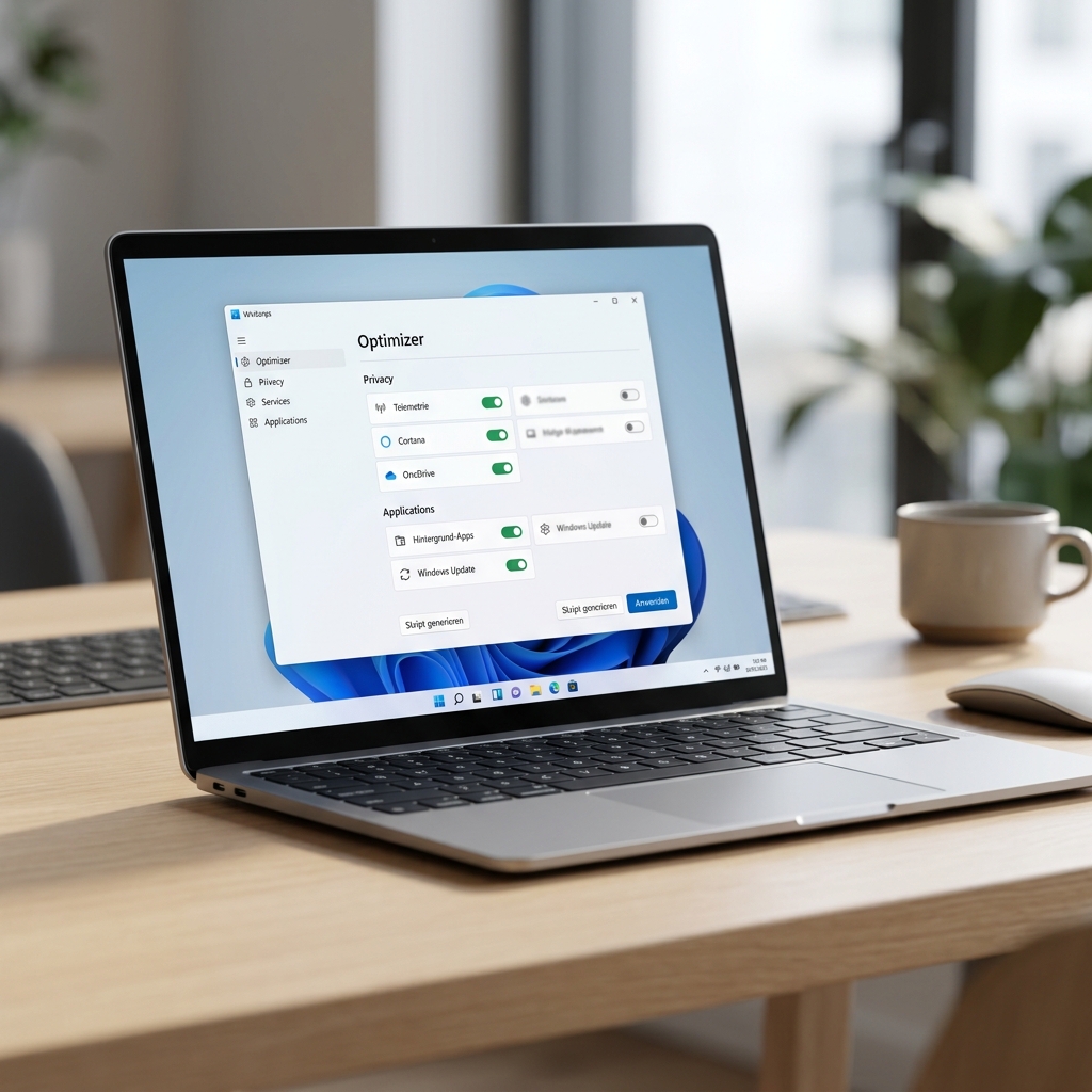 Laptop zeigt Optimizer Software mit verschiedenen Einstellungen auf dem Bildschirm