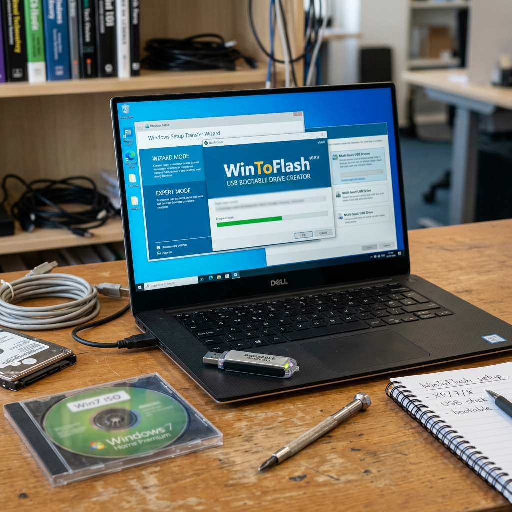 Laptop zeigt WinToFlash Software für bootbare USB-Laufwerke