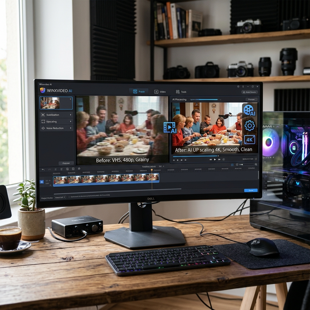 Computerbildschirm mit Videobearbeitungssoftware und technischen Geräten