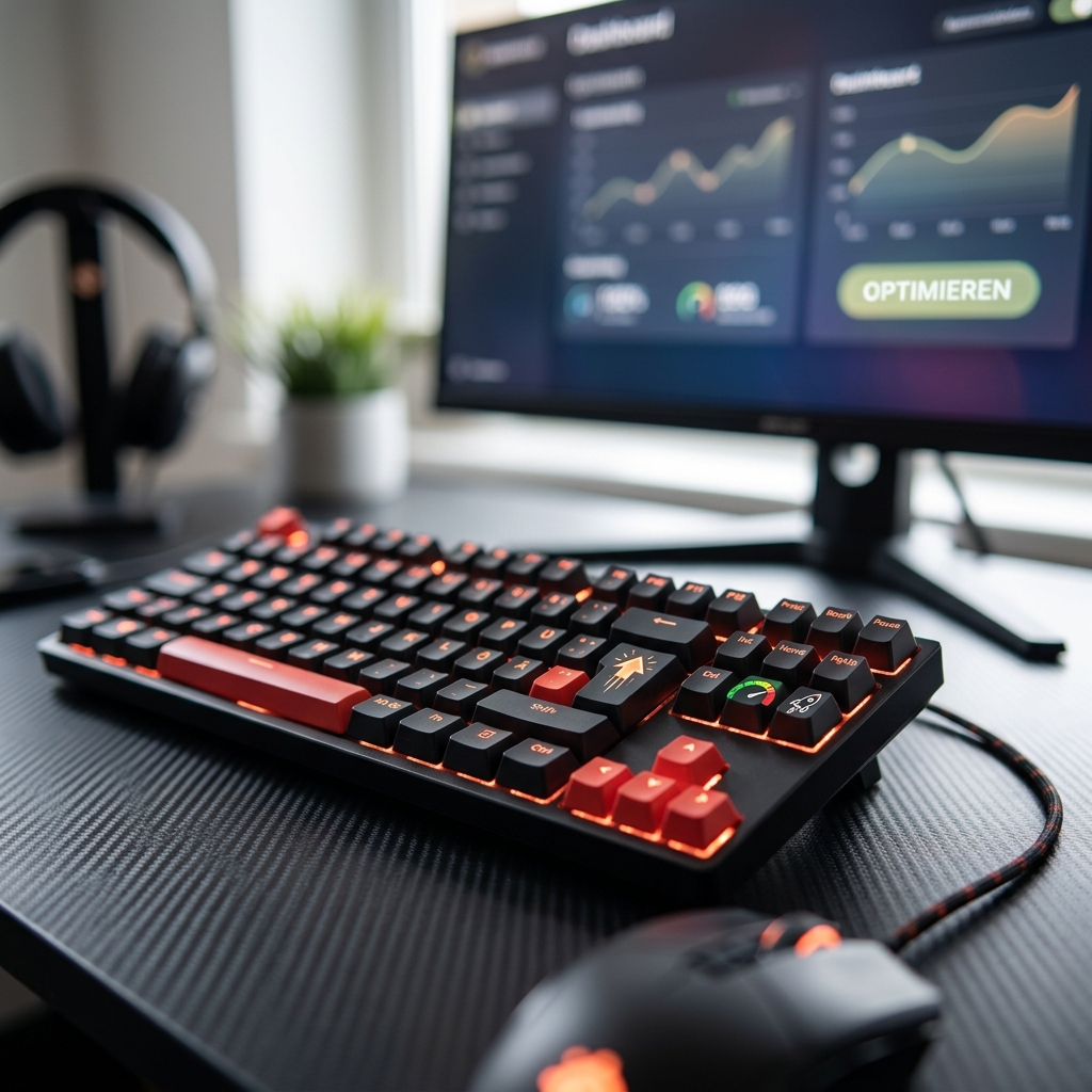 Eine Gaming-Tastatur, eine Maus und ein Monitor auf einem Schreibtisch