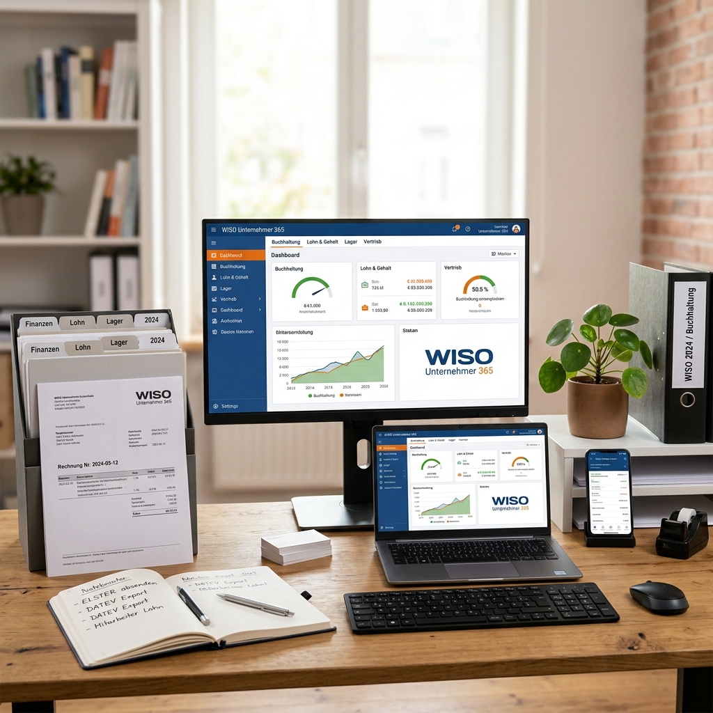 Ein Büro mit Monitor, Laptop, Smartphone und Schreibmaterial.