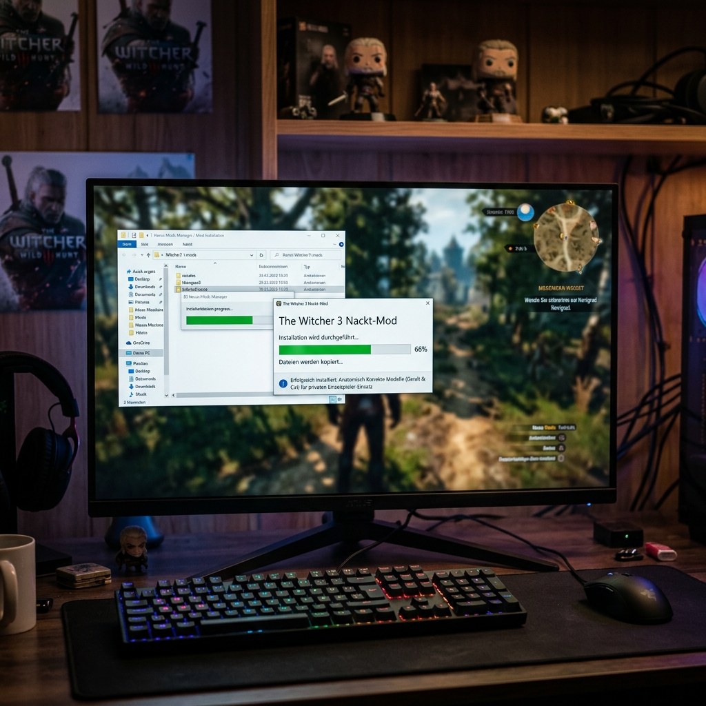 Bildschirm mit Installation der The Witcher 3 Nackt-Mod