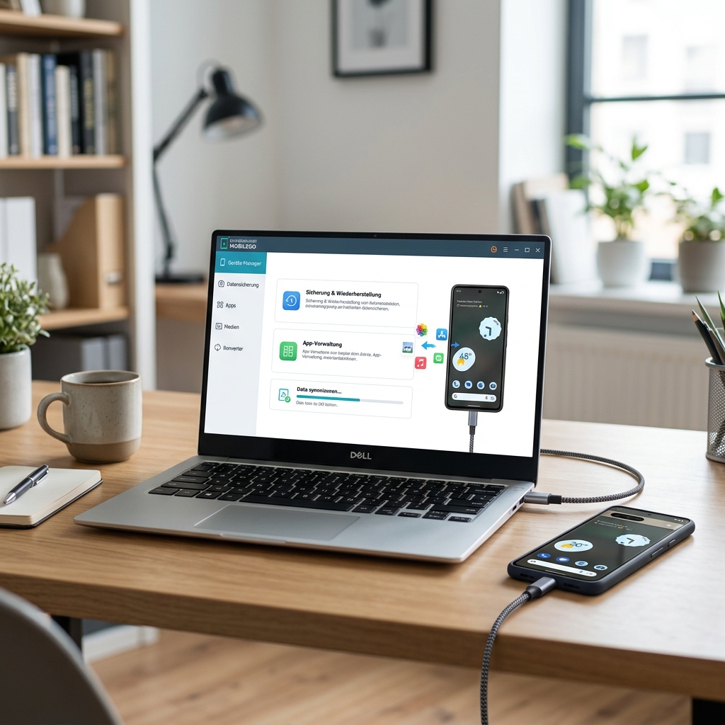 Laptop mit Bildschirmansicht und verbundenem Smartphone