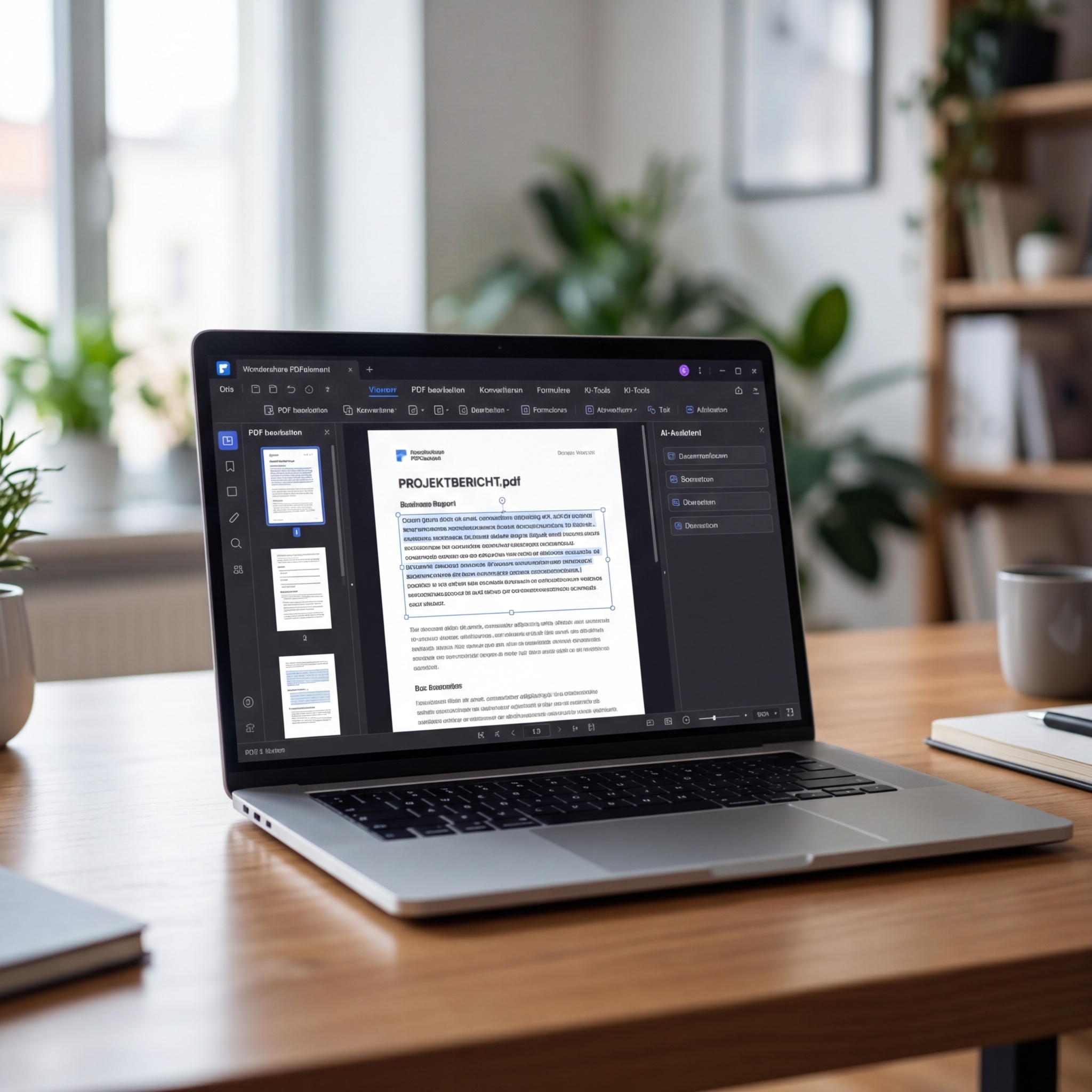 Laptop zeigt PDF-Dokument mit Projektbericht im Arbeitsumfeld