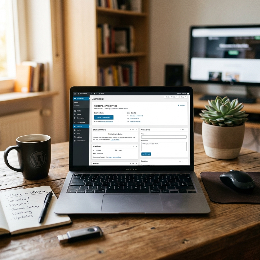 Laptop zeigt WordPress-Dashboard auf einem Holztisch