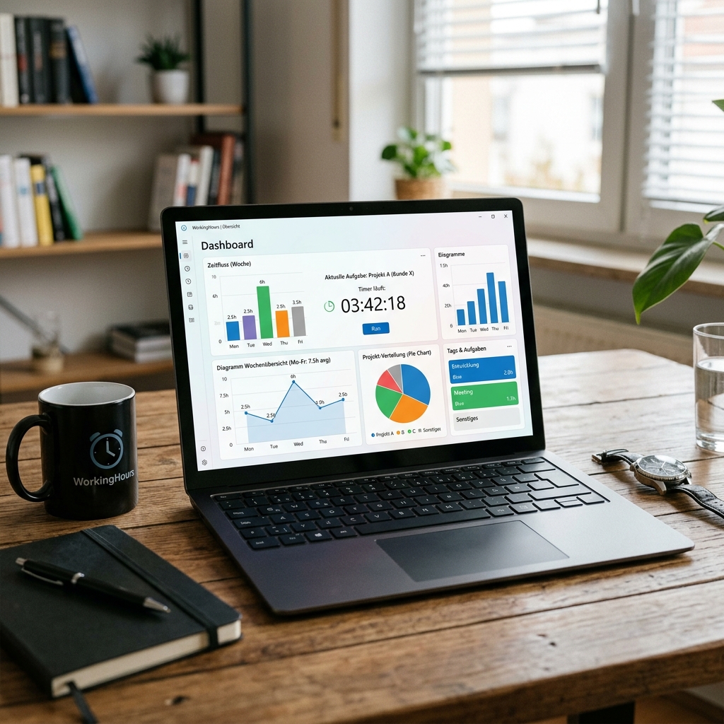 Laptop zeigt Dashboard mit Diagrammen und Statistiken auf einem Tisch