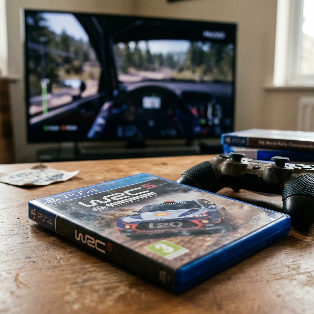 Cover des WRC 5 Spiels mit PS4 Controller und TV Hintergrund