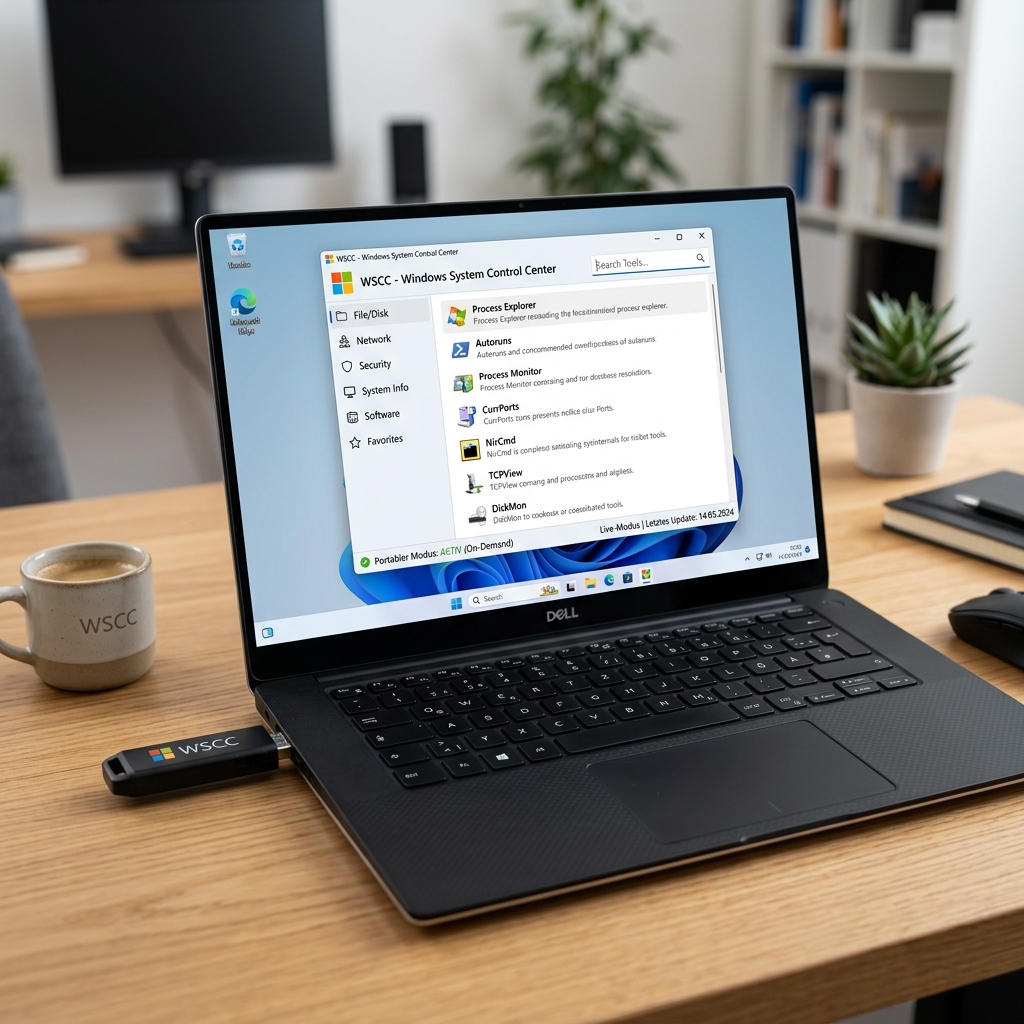 Laptop zeigt WSCC Programm, daneben eine Kaffeetasse und ein USB-Stick.