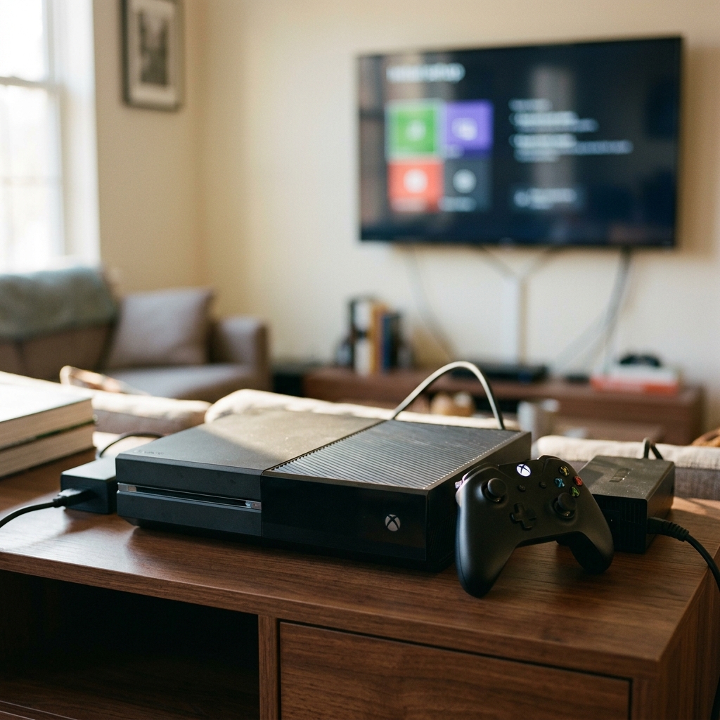 Xbox Konsole mit Controller auf einem Holztisch im Wohnzimmer