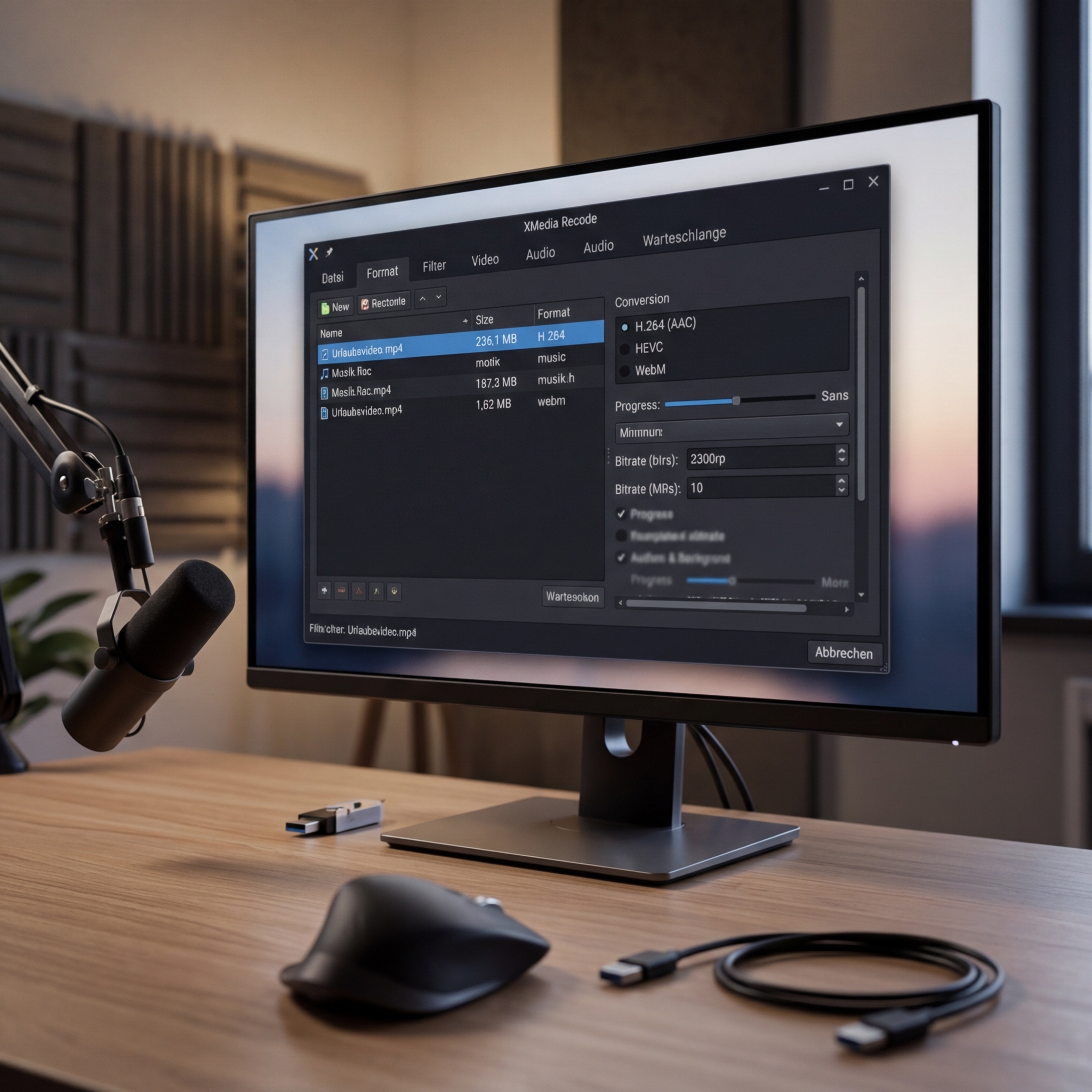 Ein Computerbildschirm mit Videobearbeitungssoftware und Zubehör