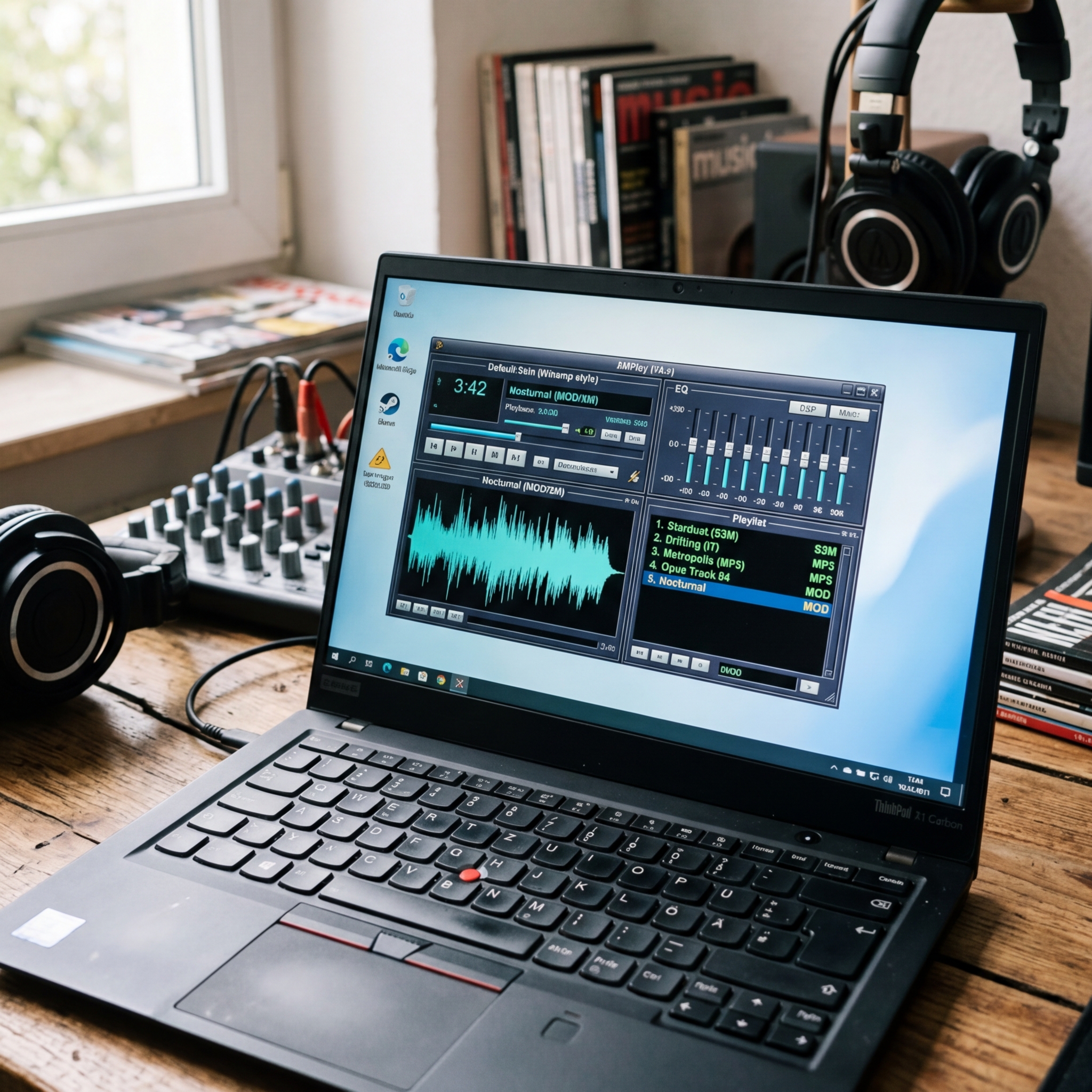 Laptop screen showing audio editing software with headphones and mixer