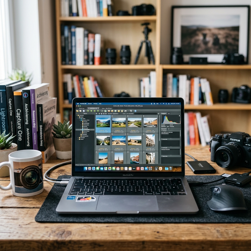 Laptop, Kamera, Bücherregal und Kaffeetasse auf einem Tisch