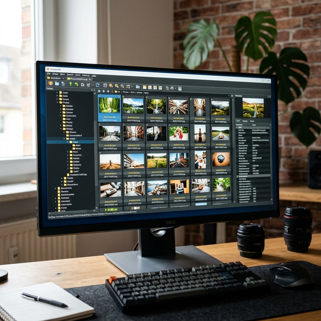Ein Dell Monitor zeigt eine Fotoverwaltungssoftware mit mehreren Bildern.