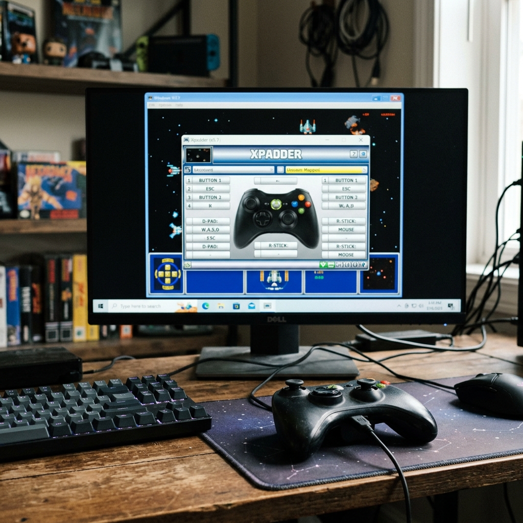 Monitor displaying XPADDER software with a gaming controller and keyboard on a desk
