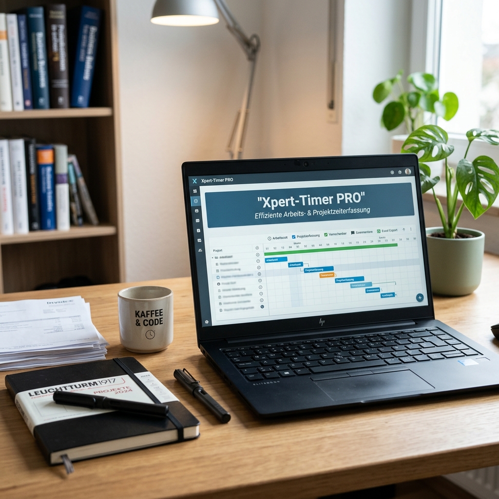 Laptop auf einem Tisch mit Notizbuch, Kaffeetasse und Pflanzen.