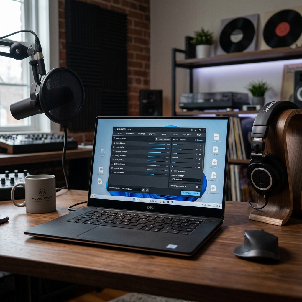 Ein Laptop auf einem Schreibtisch mit Audio-Equipment und Zubehör