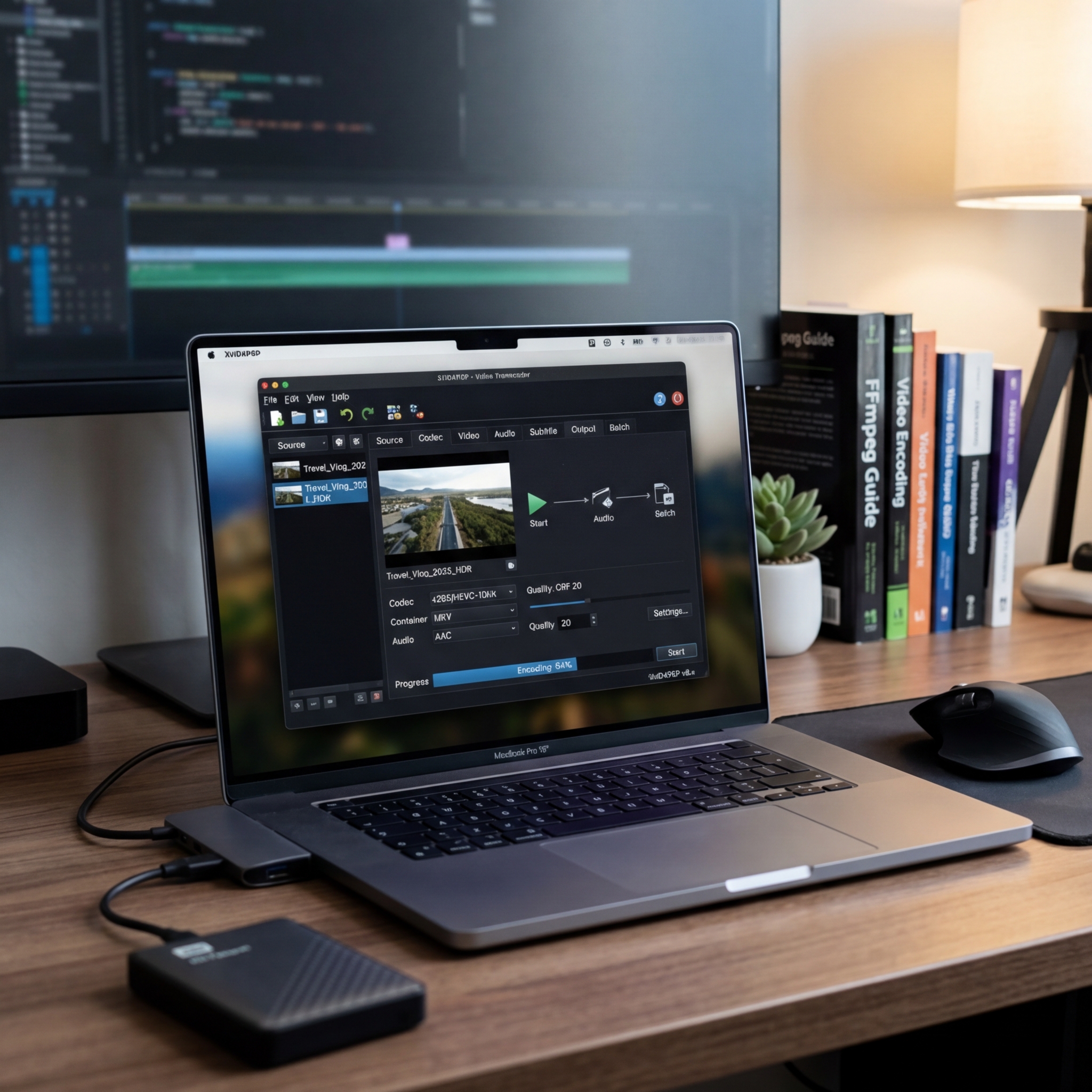 Laptop mit Videobearbeitungssoftware, externer Speicher und Bücherregal