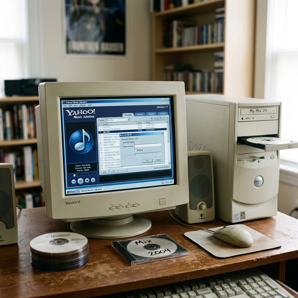 Alter Computer mit Yahoo Music Jukebox auf dem Bildschirm