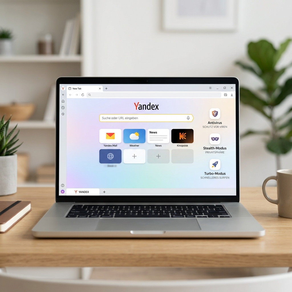 Laptop zeigt Yandex-Webseite auf einem Holzschreibtisch