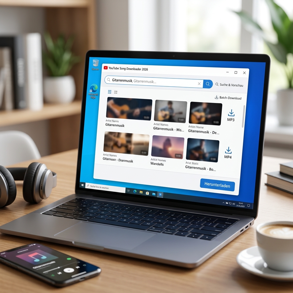 Laptop mit Musik-Download-Software und Kopfhörern auf einem Tisch