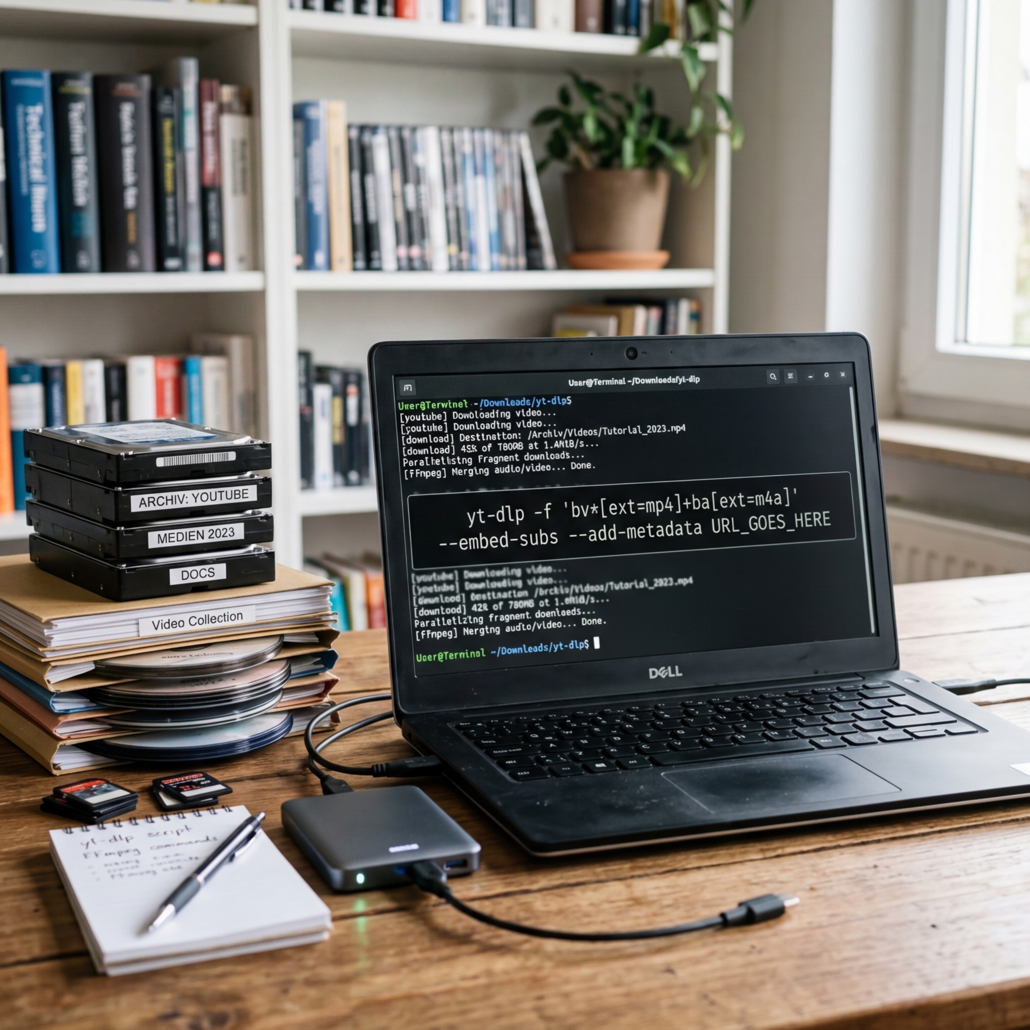 Laptop mit Terminal-Anzeige, Externem Speichermedium und Videoarchiv auf Holzarbeitstisch