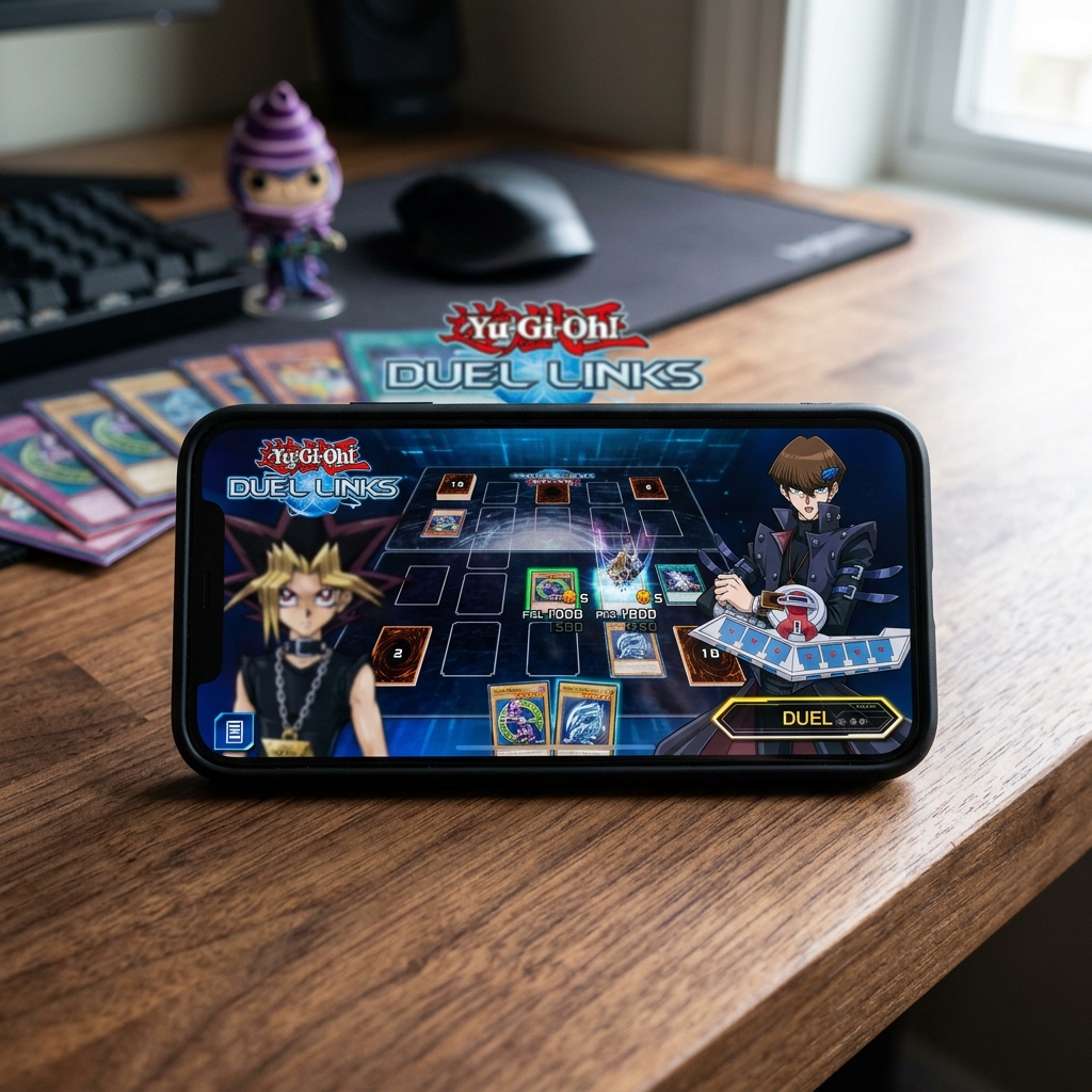 Smartphone zeigt Yu-Gi-Oh Duel Links Gameplay auf Tisch