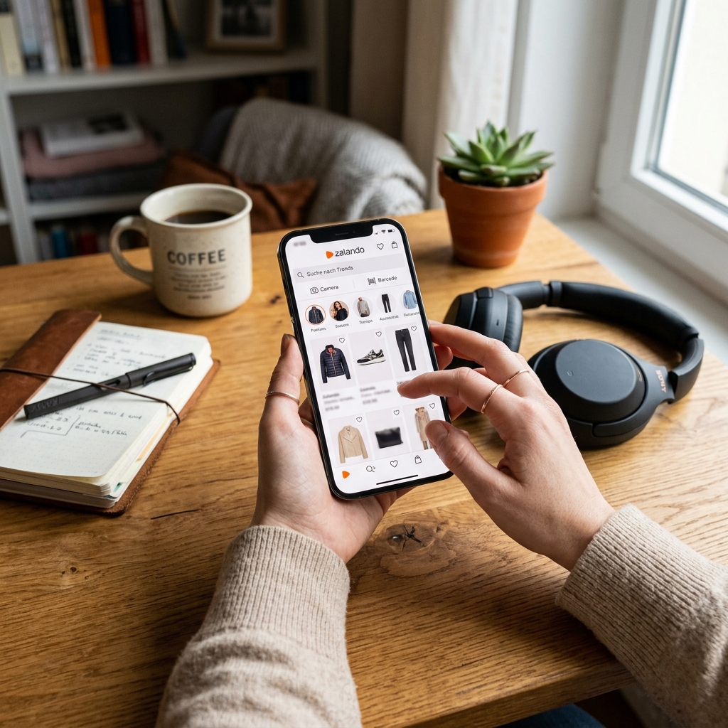 Person nutzt ein Smartphone zur Shopping-App auf einem Holztisch.