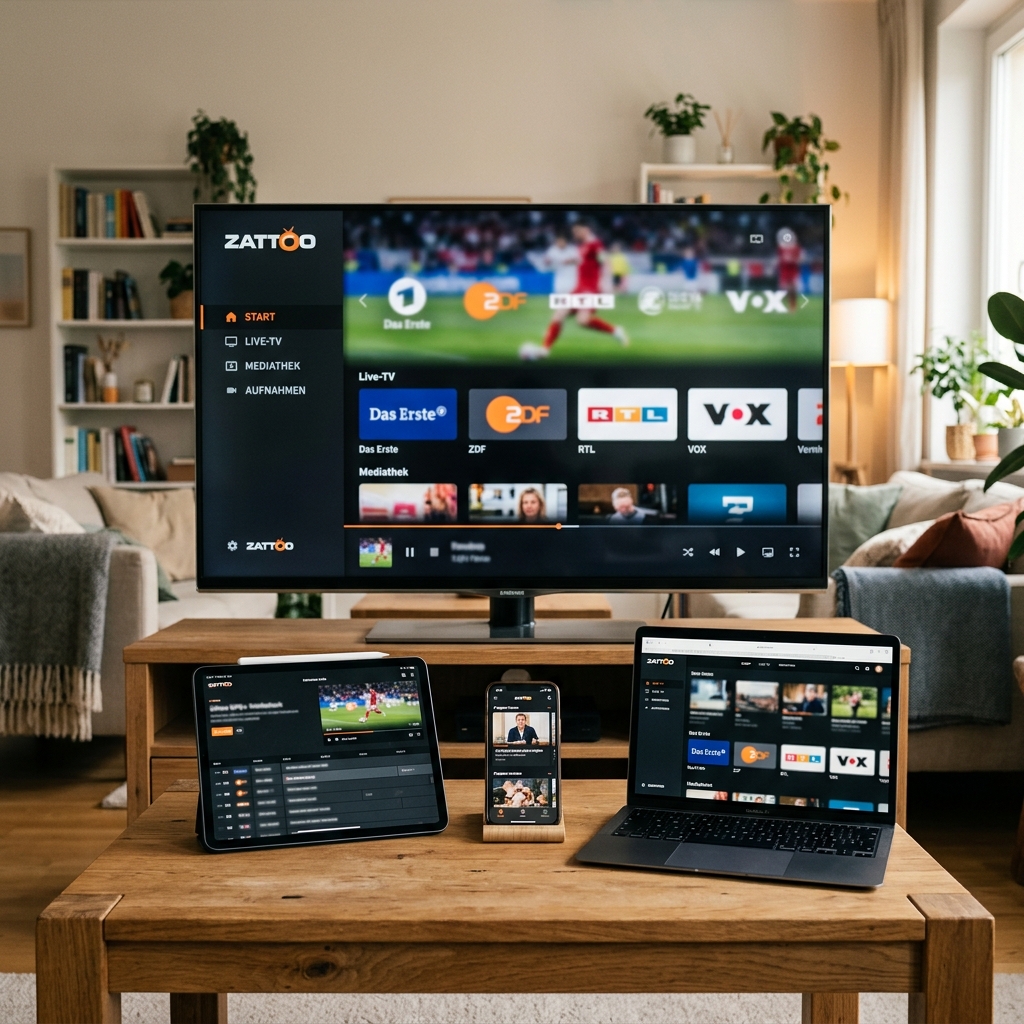 Wohnzimmer mit Fernseher, Tablet, Smartphone und Laptop auf einem Tisch