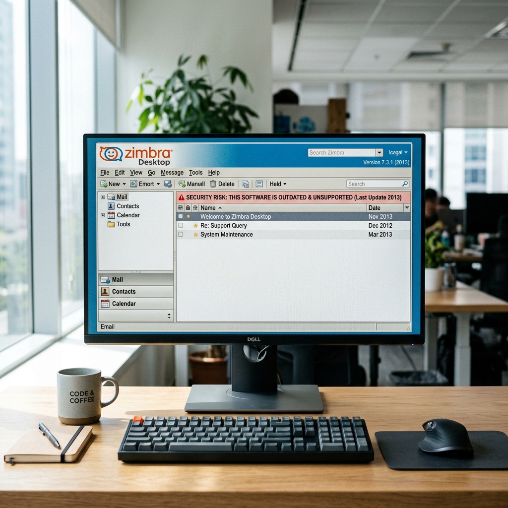 Zimbra Desktop mit Sicherheitswarnung auf Computerbildschirm