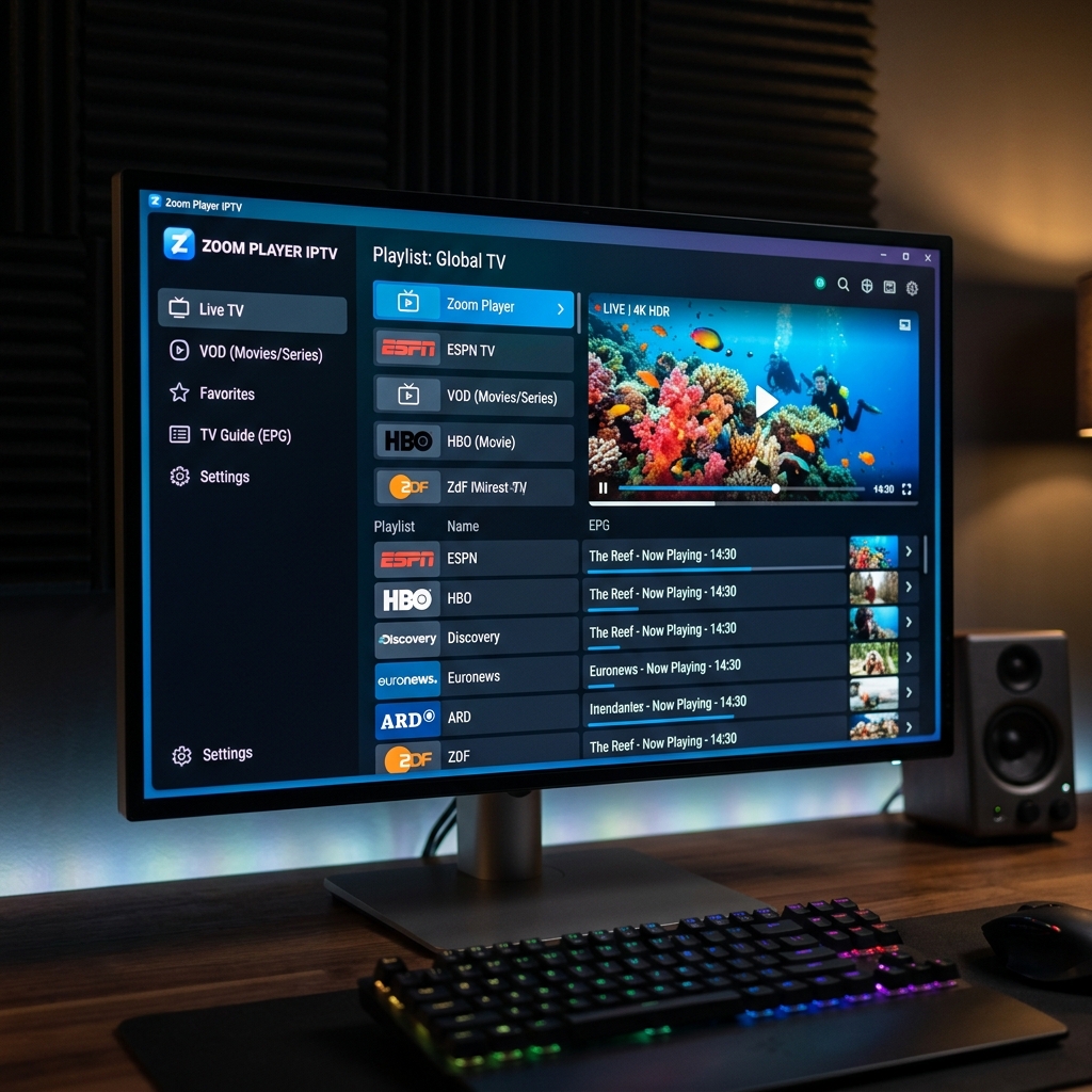 Screenshot der Zoom Player IPTV-Oberfläche mit Playliste und Live-Streaming